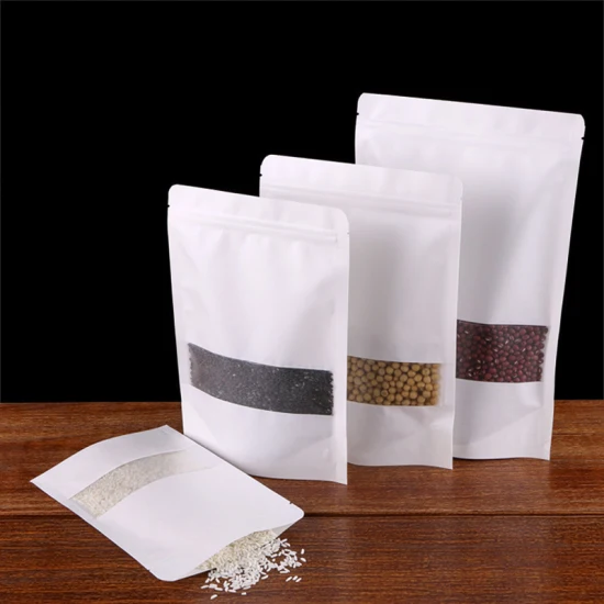 Custom Reusable Food Storage Bag White Kraft Paper Stand up Pouch with Zip Lock Snack Dry Food Packaging Bag