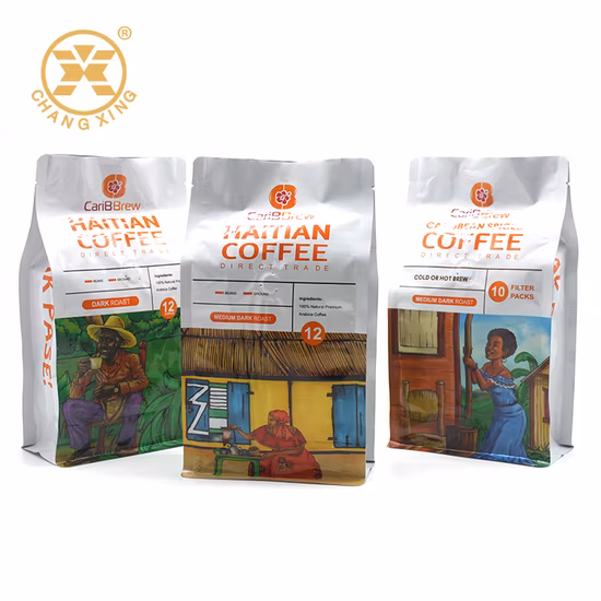 Custom Printed Food Grade Aluminum Foil Plastic Coffee Packaging Flat Bottom Pouch with Valve
