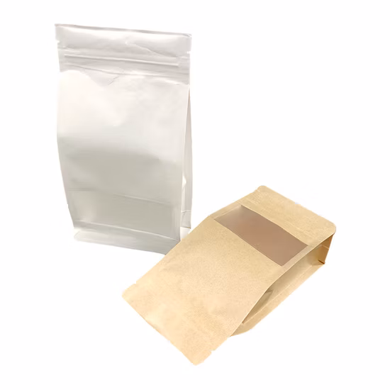 Quad Seal Flat Bottom Box Bags & Pouches with Valve, Window and Zipper